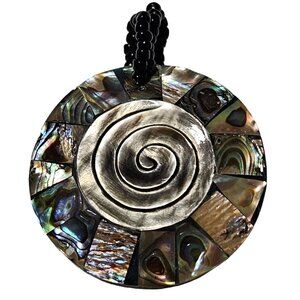 Handmade Abalone Shell Silver Spiral Pendant Black Seed Beaded Loop Jewelry